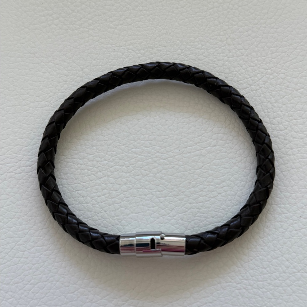 Men's Black Braided Leather Bracelet with Polished Silver-Tone Clasp